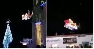 (VIDEO) Por mal cálculo, Papá Noel terminó chocando contra edificio con trineo y renos