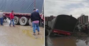 (VIDEO) Vehículo de carga pesada se hundió en medio de la vía en Bogotá