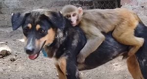 VÍDEO: macaquinho sem braço pega carona com seu melhor amigo, um cachorro, para ir a todos os lados