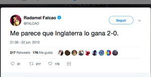 El tuit de Falcao donde dice que gana Inglaterra y en el que muchos han caído