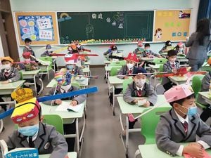 Retorno às aulas na China: alunos usam chapéus que ajudam a manter distanciamento social