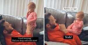 Bebê de 1 ano usa linguagem de sinais para se comunicar com seu pai que tem problema auditivo