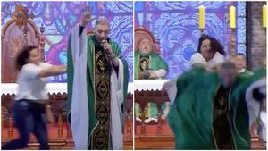 VIDEO. Mujer empuja y tira del escenario a sacerdote en plena misa