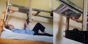 Genio reinventa su cama y la convierte en una estación de trabajo para usar la PC acostado