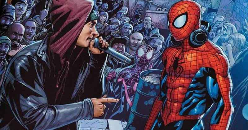 En el multiverso de Spiderman todo puede pasar, y ahora tendrá una batalla con Eminem.