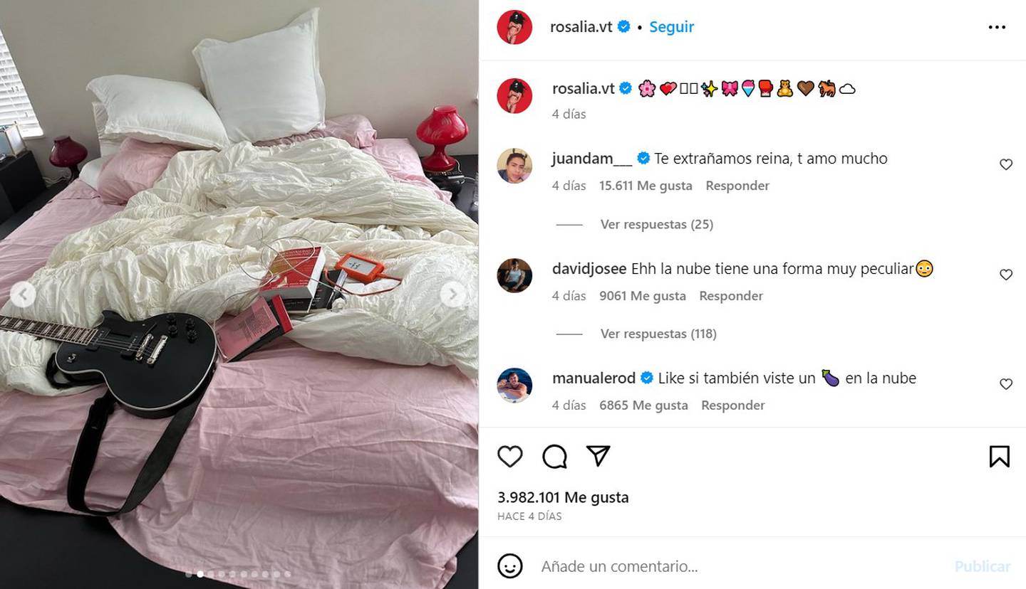 Rosalía publicó la foto del libro rojo sobre su cama, pero el detalle es que hace poco vieron a Rauw Alejandro con el mismo libro