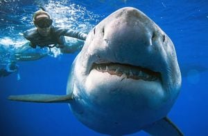 Vídeo de mergulhadora nadando com enorme tubarão fêmea grávida se torna viral nas redes sociais