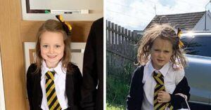 Foto que muestra el antes y después de una niña en su primer día de clases hace reír a más de uno en redes