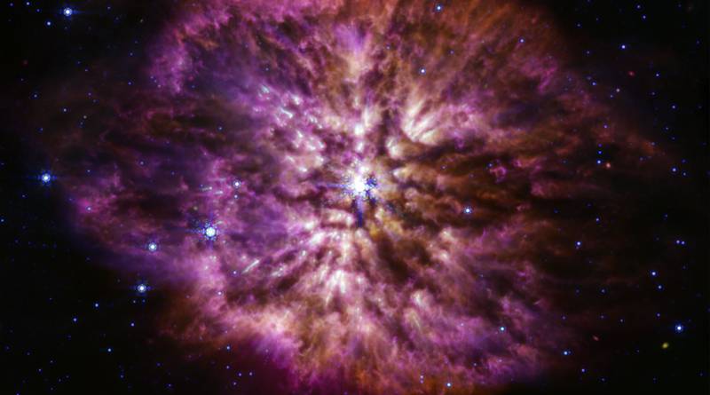 Se sabe que las estrellas Wolf-Rayet son eficientes productoras de polvo, y el instrumento de infrarrojo medio del telescopio espacial James Webb de la NASA muestra esto con gran efecto. | Foto: Tiempo en ZORRO