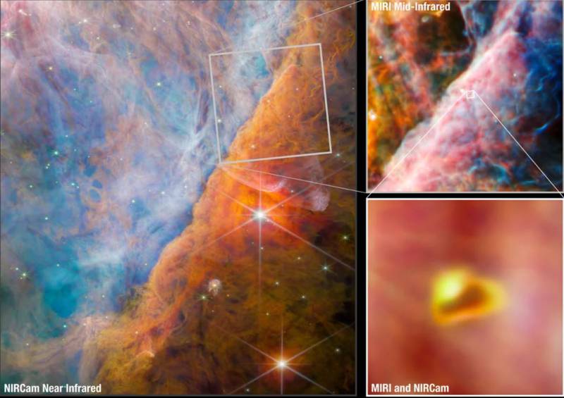 Imágenes tomadas por el telescopio Webb muestran una parte de la nebulosa de Orión conocida como Barra de Orión, donde la luz ultravioleta interactúa con densas nubes de moléculas.| Foto: Crédito: ESA/Webb/NASA/CSA.