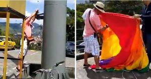 (Video) Grupo de personas quita y rompe bandera Lgbt+ izada en el Pueblito Paisa de Medellín