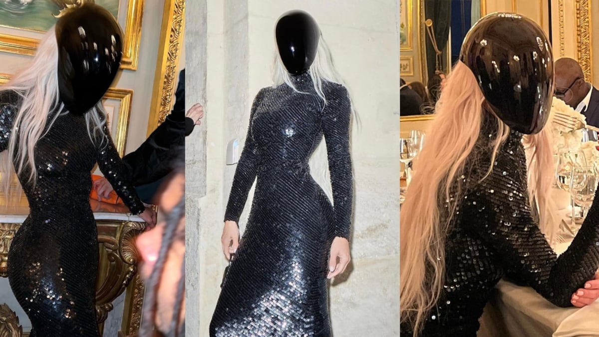 Kim Kardashian lleva una máscara  negra de la marca Balenciaga en la semana de la moda de París