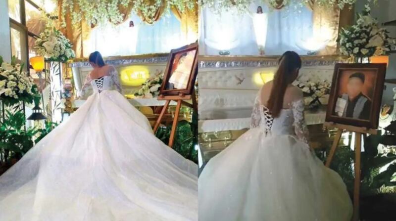 Llegó vestida de novia al velorio de su novio