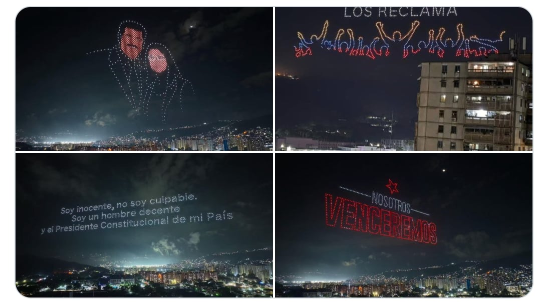 Show de drones iluminó el cielo de Caracas con mensajes en apoyo al presidente Nicolás Maduro y a la primera dama Cilia Flores durante un evento realizado en Fuerte Tiuna.