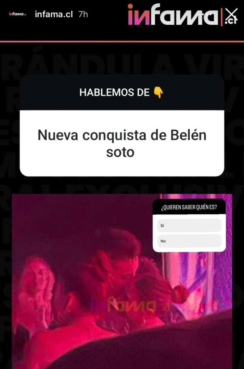 Puede ser un simple baile entre dos amigos o el coqueteo de una noche entre dos personas que se conocen en un centro nocturno y deciden bailar al ritmo de su canción favorita. Música que resuena fuerte en los parlantes y obliga a acercar sus rostros y rosar sus mejillas, para poder tener una conversación mientras danzan.
Eso es, ni más ni menos, lo que se alcanza a apreciar de una rojiza foto de Belén Soto junto a un hombre que le habla al oído. Imagen que fue dada a conocer por el medio de Instagram Infama, junto a la leyenda “Nueva conquista de Belén Soto”.
Además, agregaron la pregunta “¿quieren saber quién es?, dando a entender que tendrían mayor información del supuesto affaire y que no sería solo un encuentro casual de una noche.
Incluso, la información había sido anunciada días antes, donde el portal que acostumbra a lanzar bombazos respecto a la vida de los famosos, habían preguntado a sus seguidores si querían saber del nuevo romance de la actriz, lo que indicaría que el corazón de la escritora e influencer estaría sanando tras la separación.
