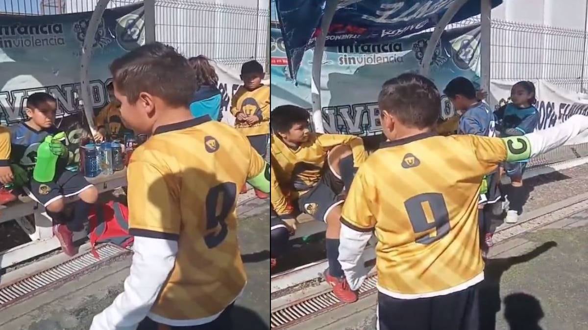 Un niño de Pumas se hace viral por el carácter y pasión con el que motiva a sus compañeros en el medio tiempo.