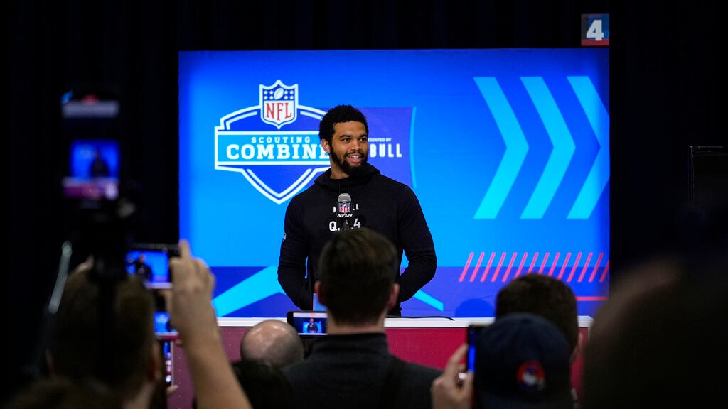 Caleb Williams de USC en el NFL Combine. Foto de AP / Michael Conroy.