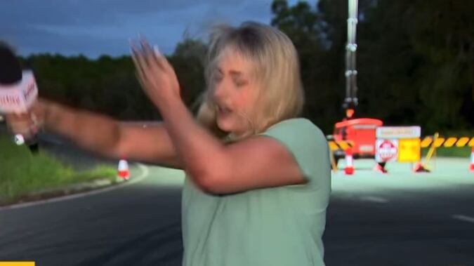 La reportera Andrea Crothers intenta matar al mosquito durante su transmisión en vivo
