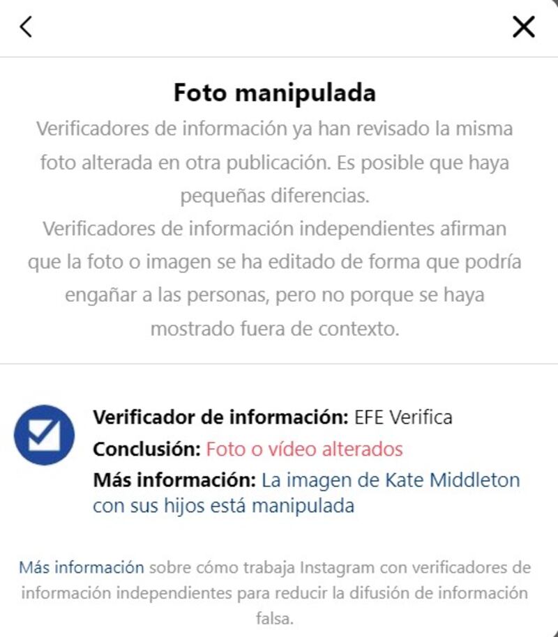 La notificación de IG sobre el post de Kate Middleton con la foto editada