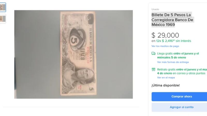 Billete de 5 pesos mexicanos antiguo