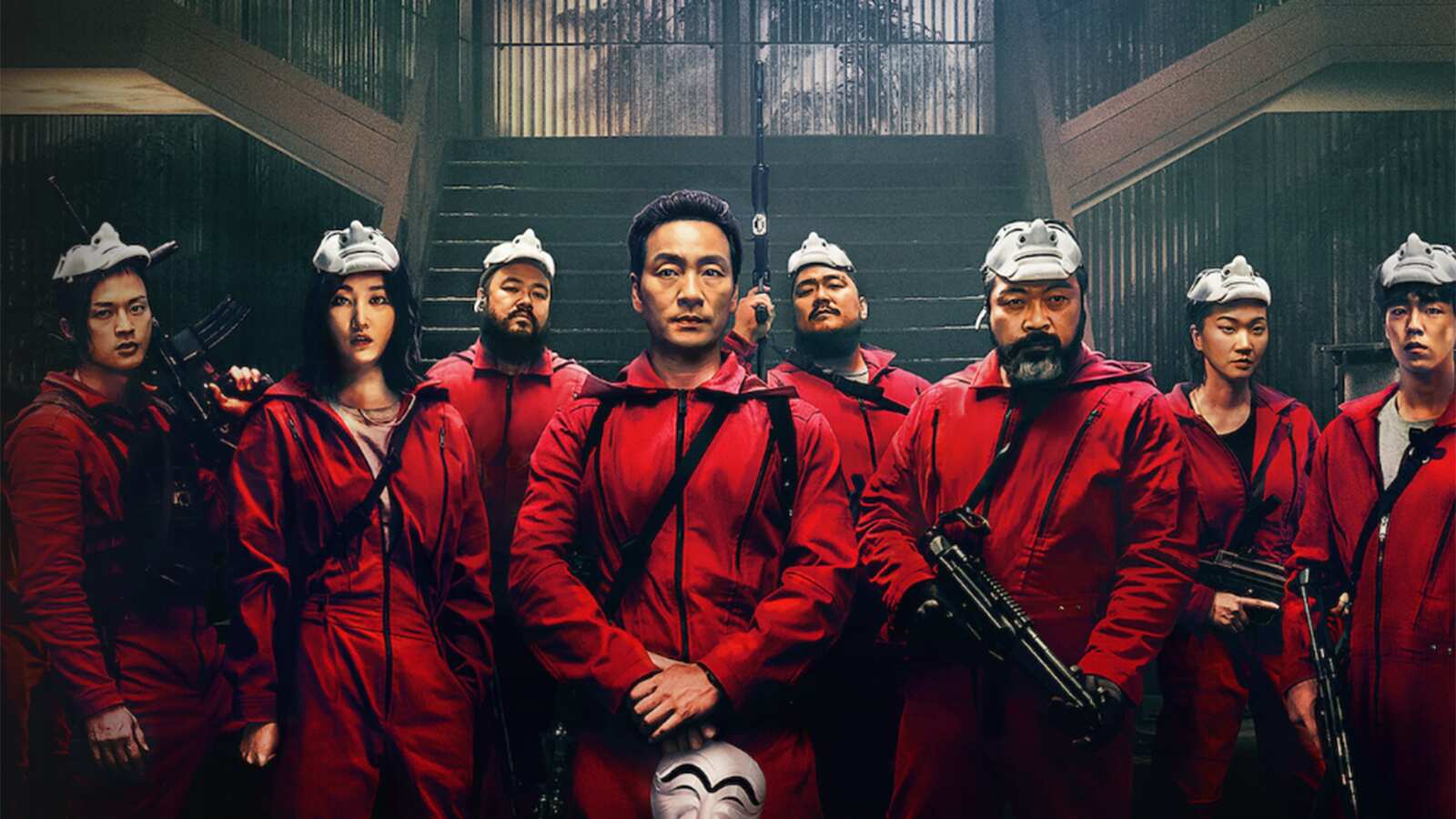 Banda de atracadores de 'La Casa de Papel' Corea posa con la indumentaria con la que realizan sus planes.