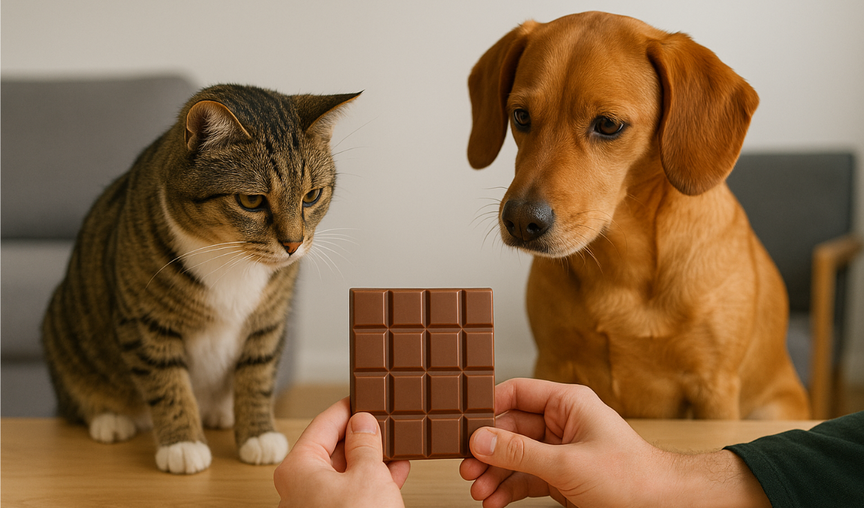 Perro y gato cerca de chocolates de San Valentín sobre la mesa, riesgo de intoxicación en mascotas