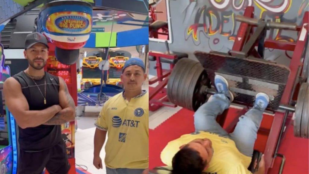Albañil sorprende con su fuerza en el gimnasio.