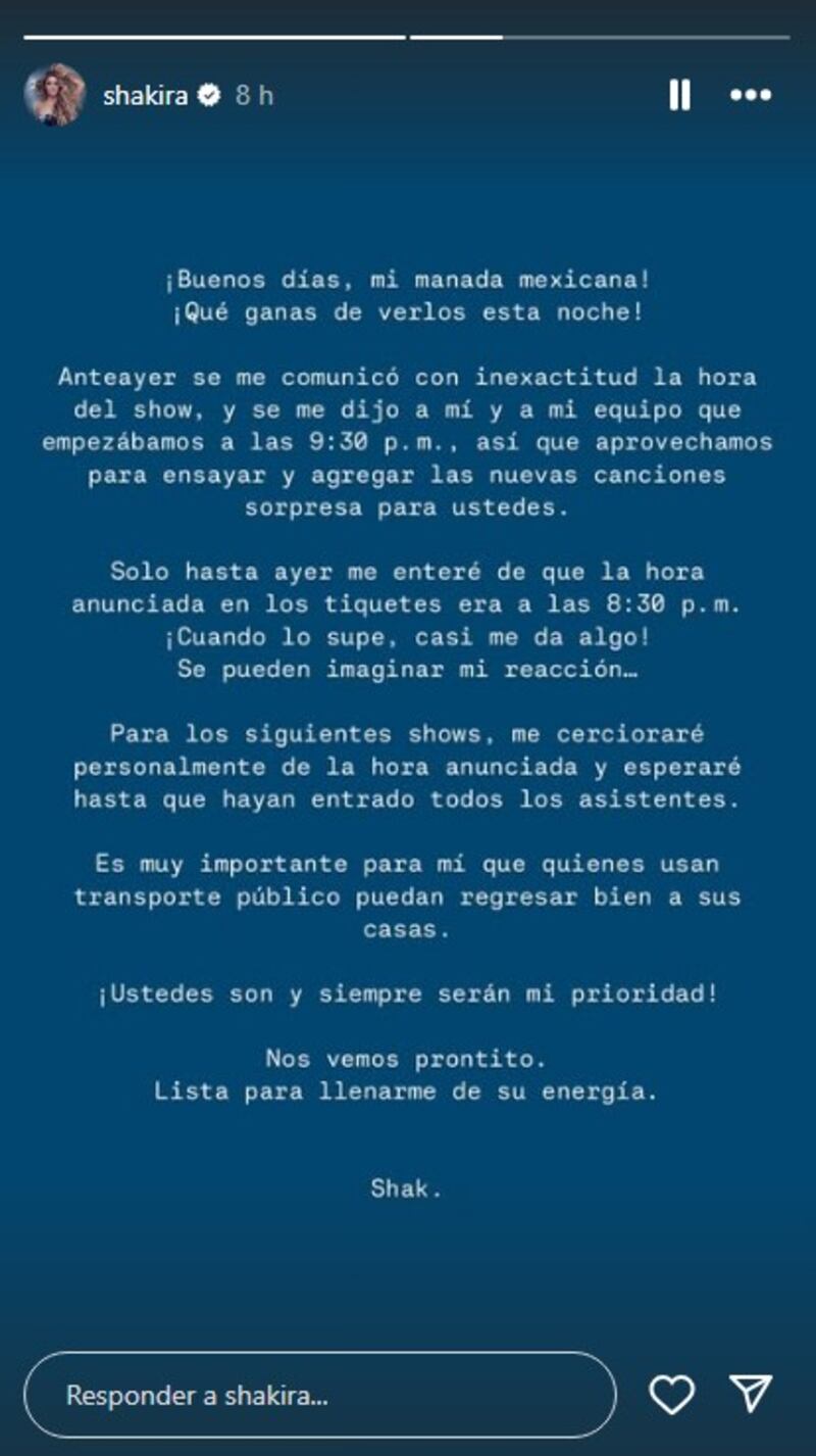 Shakira emitió un comunicado explicando a sus fans por qué su concierto en México tuvo retraso