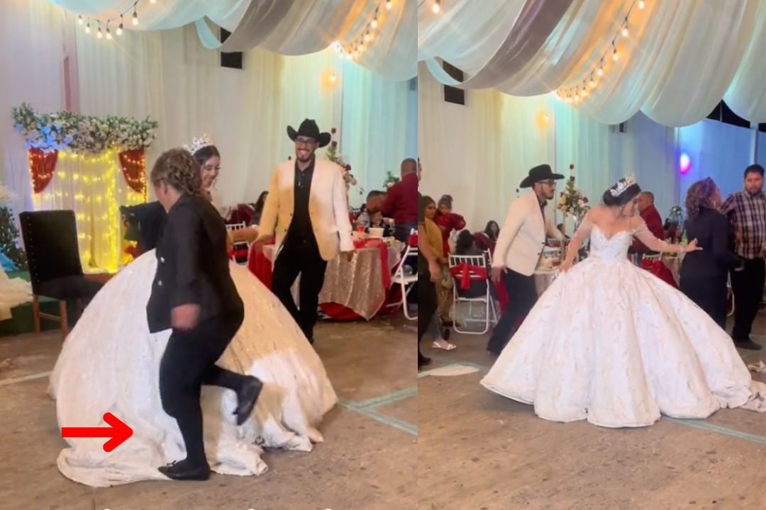 ¿Envidia? Familiar pisa vestido de la novia durante celebración de boda
