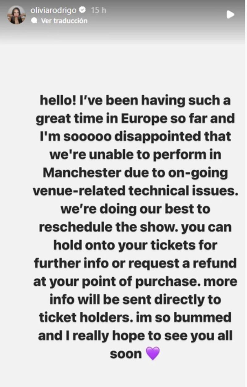 Olivia Rodrigo explica en redes sociales sobre la cancelación de dos shows en Manchester, Inglaterra.