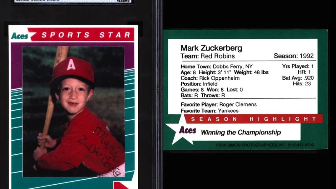 Tarjeta de Mark Zuckerberg cuando jugó béisbol en las Pequeñas Ligas