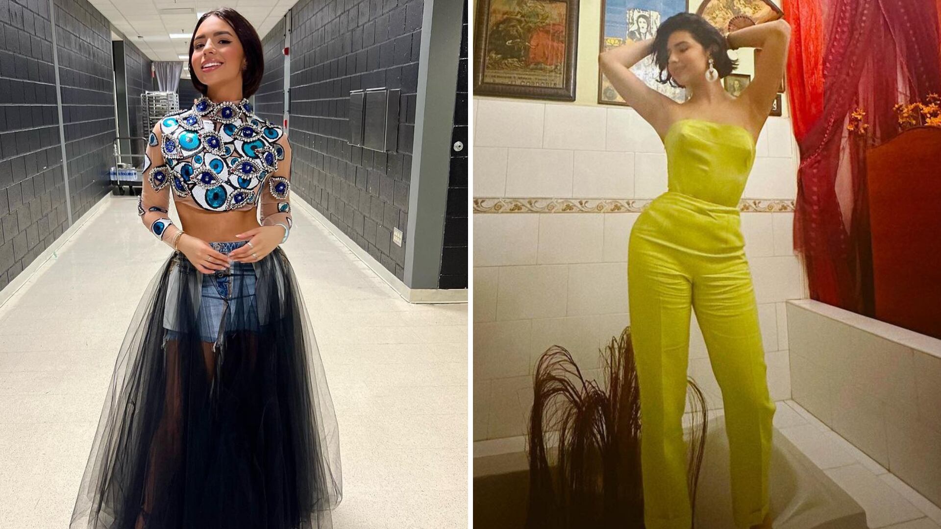 La cantante usó una minifalda con un tops con transparencia y ojos turco, así como un vestido con escote palabra de honor.