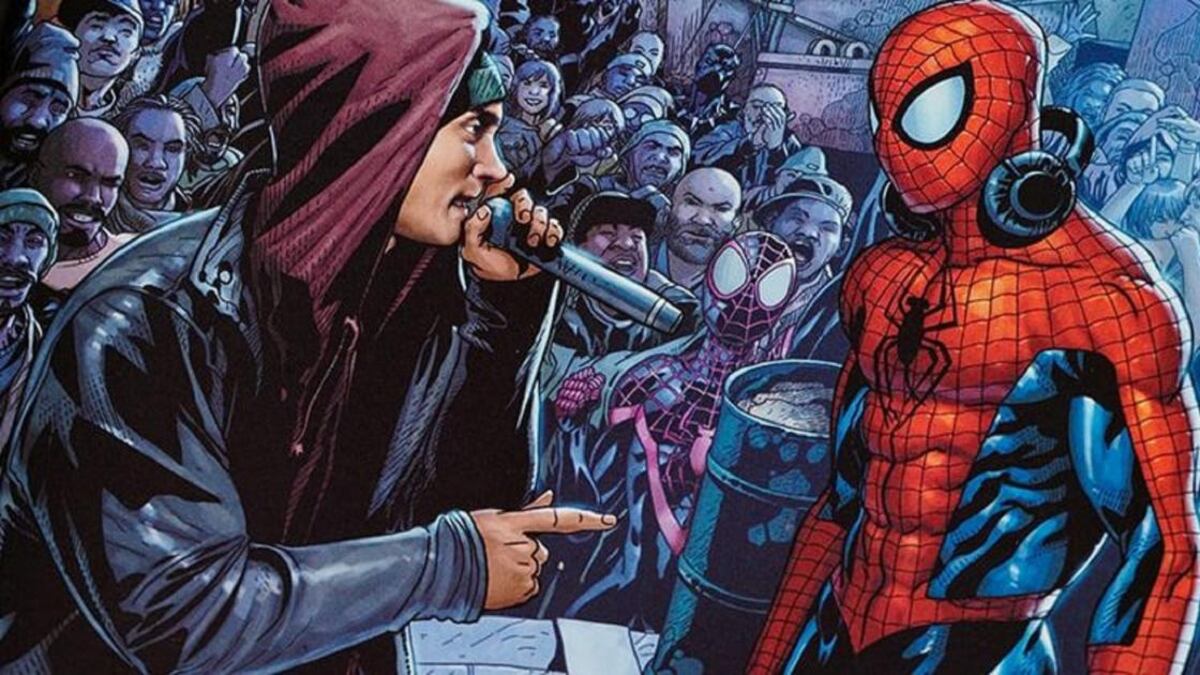 En el multiverso de Spiderman todo puede pasar, y ahora tendrá una batalla con Eminem.