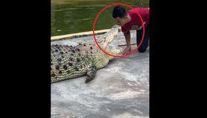 ‘Bitoca perigosa’: Homem se arrisca em apresentação para beijar enorme crocodilo; assista